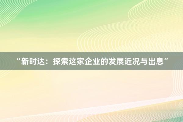 “新时达：探索这家企业的发展近况与出息”